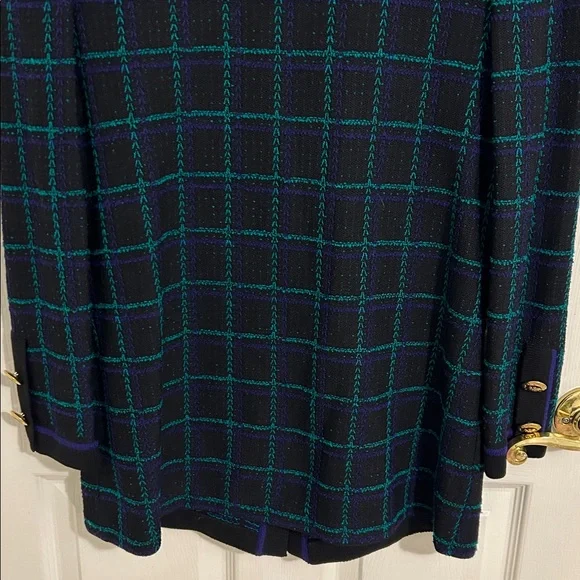 St. John Collection Marie Gray Plaid Knit Cardigan Gold Crest Buttons Size Small